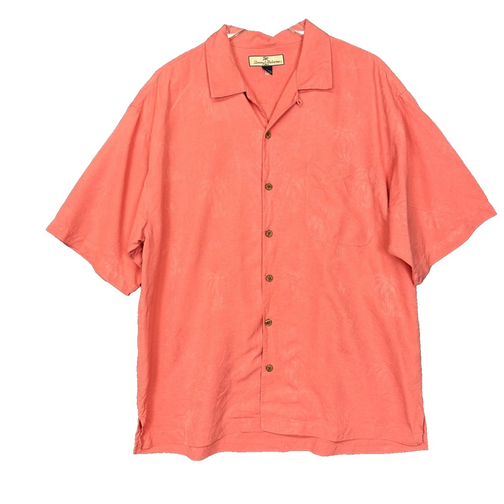 Tommy Bahama Shirt Mens Medium Peach‎ Palm Tree Embossed 100% Silk Camp Vacation